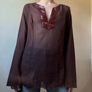 Vintage Soulmates Sheer Brown Sequined Blouse Small Witchy 70s Stevie Nicks